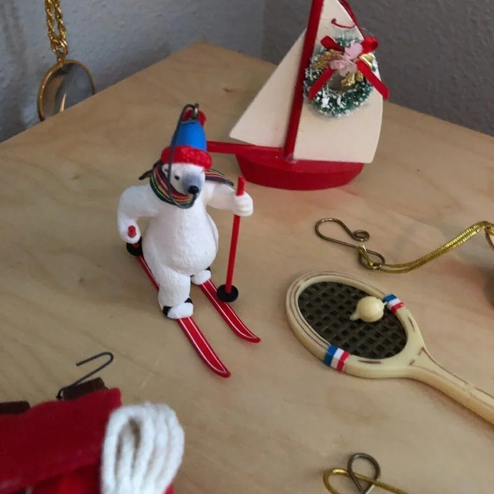 Vintage Christmas Ornament LOT of 7 Painted Wood Unique Pieces Athletic Theme